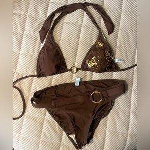 Brown Bikini with Gold Butterfly Accents